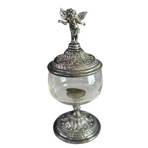 VTG Olde World Antique Silver Cherub Glass Dish with Metal Lid & Base
